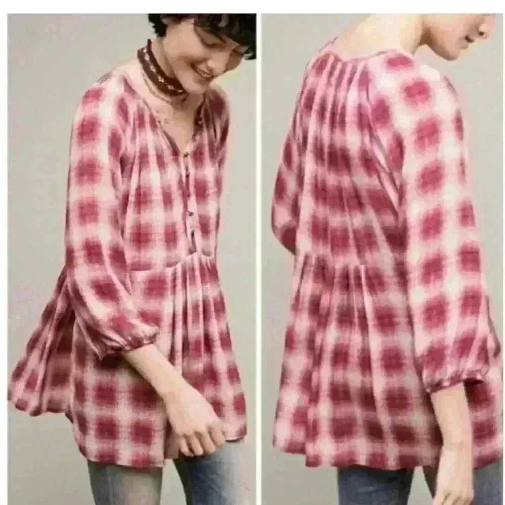 ANTHROPOLOGIE | Maeve Pink Plaid Peplum Boho Peasant Tunic Blouse | Medium